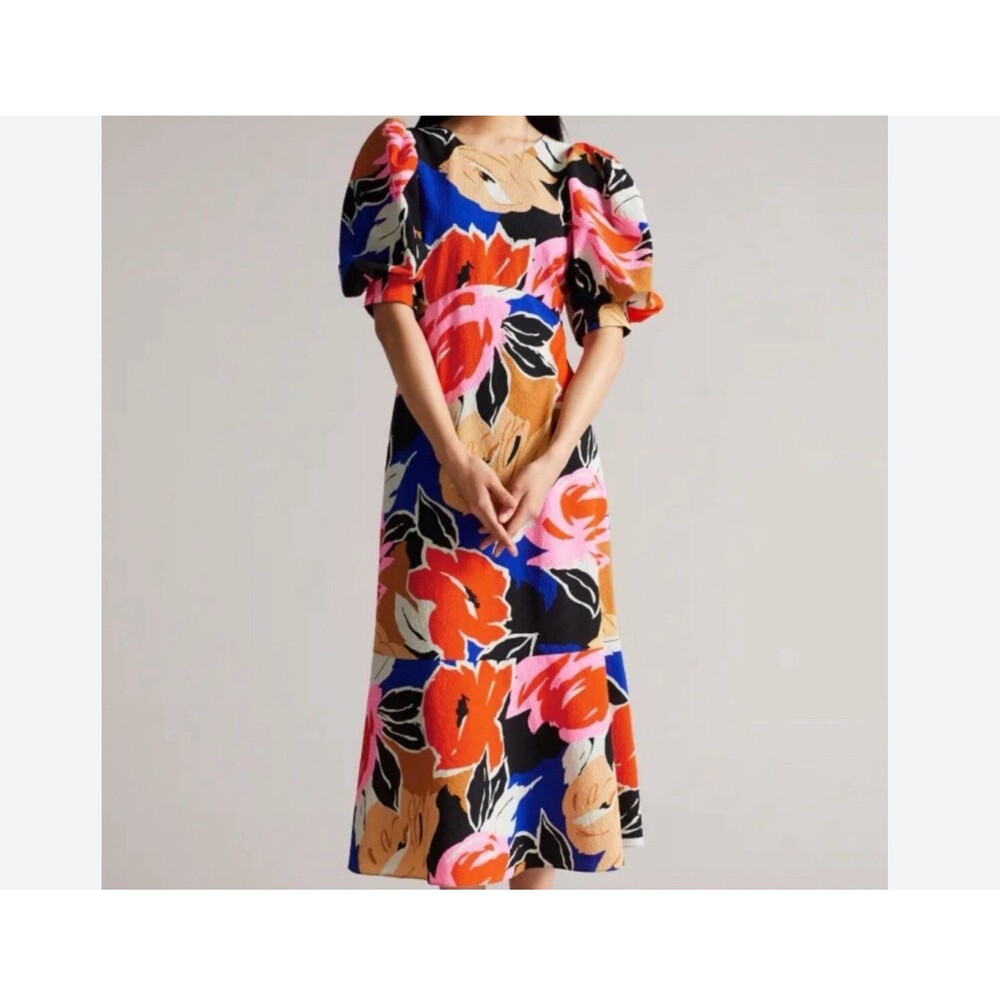 Ted Baker Harpia Dress Womens XL Multicolor Floral Puff Sleeve Midi Party